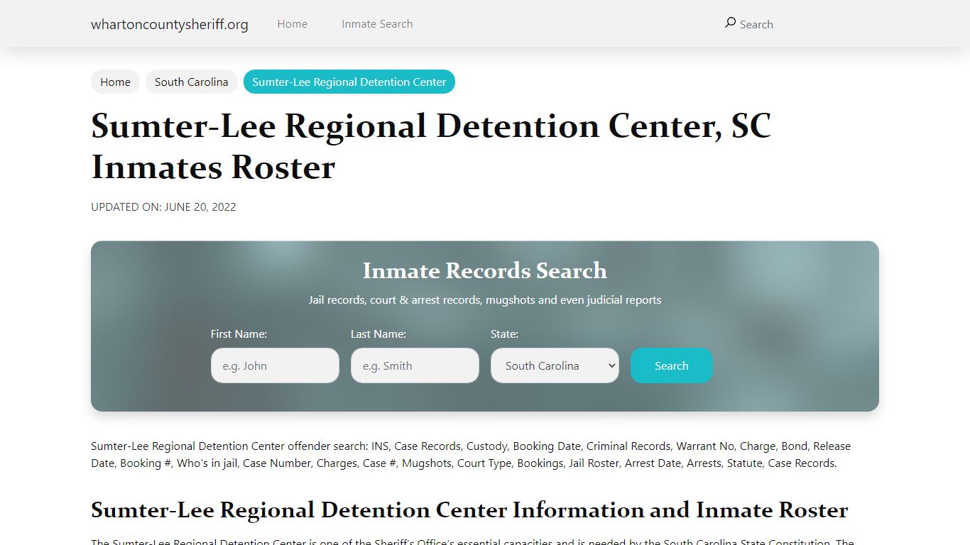 Sumter-Lee Regional Detention Center , SC Inmates Roster